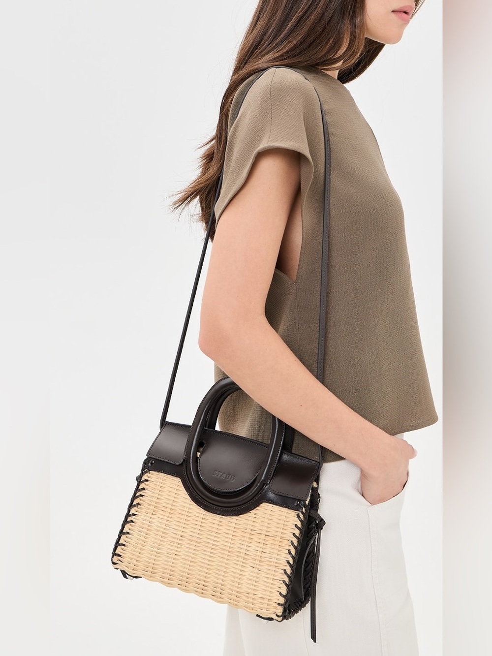 STAUD Maude Mini Wicker Carryall Satchel Woven Straw and Black Leather Crossbody